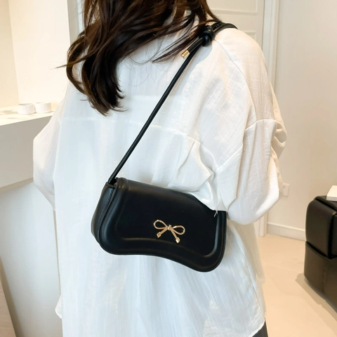 Women PU Leather Crossbody Bag Fashion Metal Bow Knot Shoulder Strap Minimalist Underarm Handbag