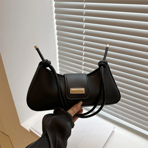 French Style Minimalist PU Leather Underarm Bag For Women Vintage Hobo Baguette Bag With Gold Tone Buckle Knotted Strap