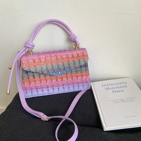 Gewebte Stroh Umhängetasche Mehrfarbiges Geometrisches Wellenmuster Boho Sommer Urlaub Handtasche Für Damen