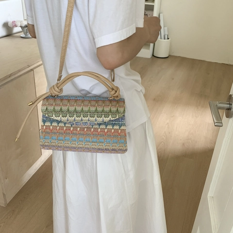 Gewebte Stroh Umhängetasche Mehrfarbiges Geometrisches Wellenmuster Boho Sommer Urlaub Handtasche Für Damen