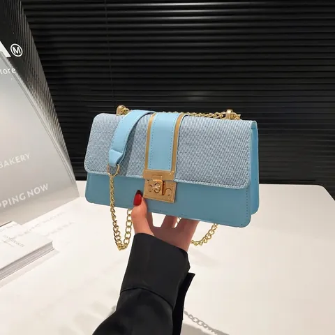 Women Patchwork Crossbody Bag PU Leather Woven Fabric Chain Shoulder Strap Underarm Square Metal Lock Fashion Minimalist