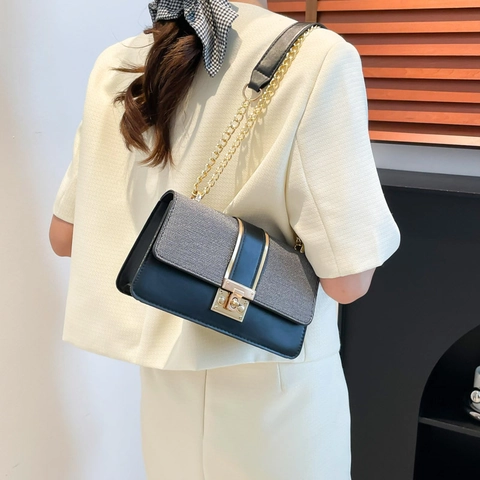 Women Patchwork Crossbody Bag PU Leather Woven Fabric Chain Shoulder Strap Underarm Square Metal Lock Fashion Minimalist