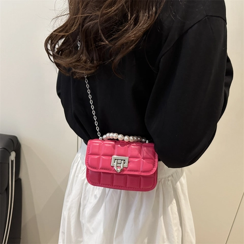 Mini Crossbody Bag Quilted Diamond PU Leather Artificial Pearl Handle Elegant Small Square Handbag With Metal Chain Strap For Women