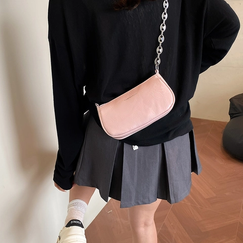 Bolso de Axila para Mujer de Cuero PU Textura Arrugada Bolso Bandolera con Cadena de Plata Bolso de Hombro Minimalista Diario