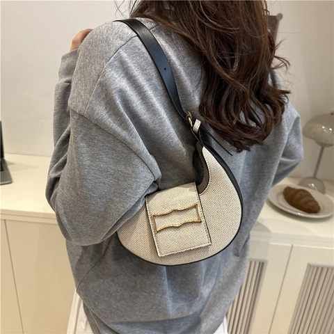 Women Crescent Hobo Bag Woven Canvas And PU Leather Contrast Underarm Shoulder Handbag Gold Buckle Minimalist Casual