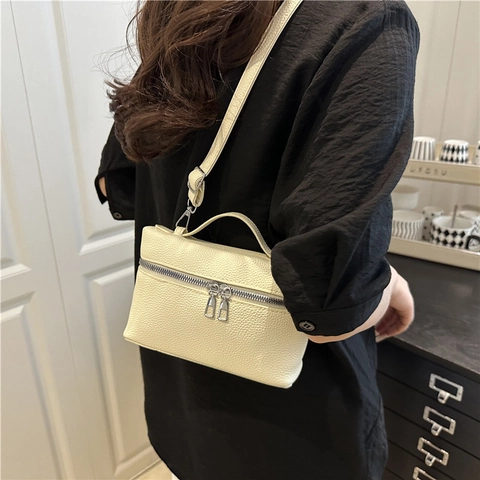 Fashion Litchi Pattern PU Leather Crossbody Bag For Women Small Square Box Bag With Top Handle Silver Double Zipper Shoulder Bag