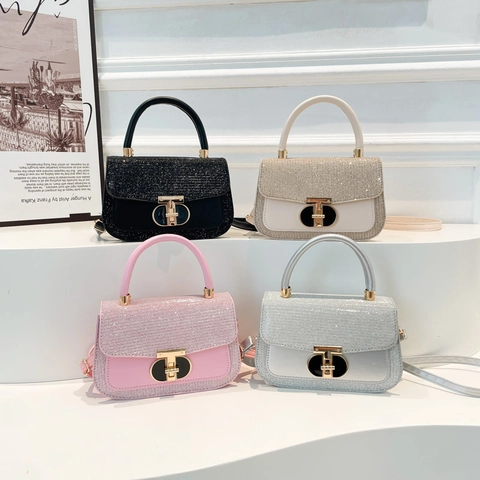 Borsa a Tracolla Piccola Quadrata da Donna in Pelle PU con Paillettes Semplice Borsa a Mano Elegante con Chiusura in Metallo