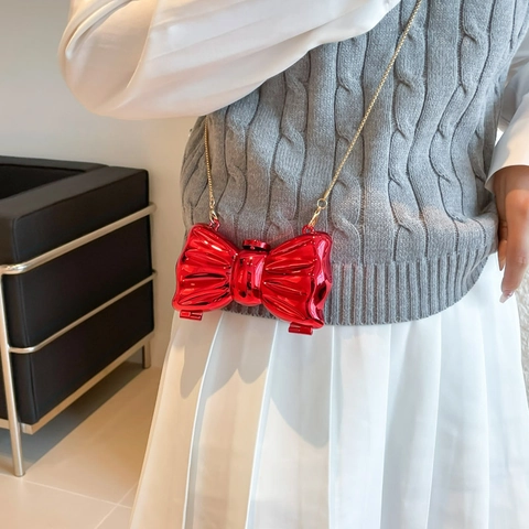 Bolso Bandolera De Acrílico Con Forma De Lazo Acabado Espejo Metálico Bolso De Noche Mini Bolso Para Lápiz Labial Con Cadena Dorada