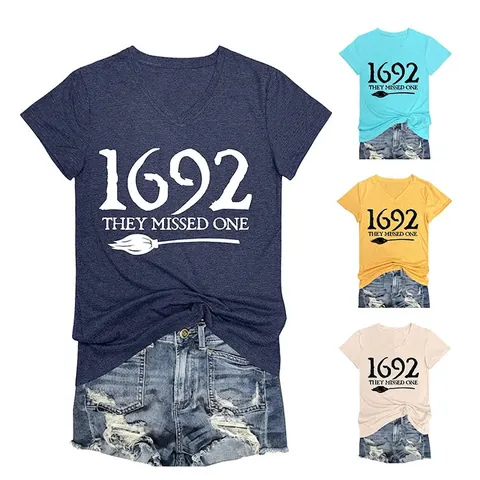 Women V Neck T Shirt Cotton Blend 1692 They Missed One Letter Print Broomstick Halloween Witch Casual Vintage Top