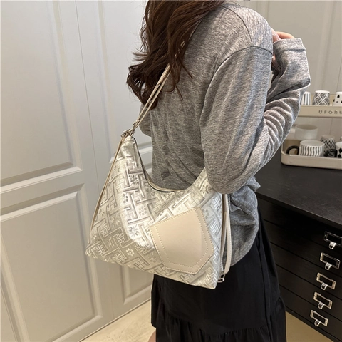 Vintage Jacquard Shoulder Bag For Women Retro Geometric Pattern Underarm Bag PU Leather Hobo Bag Daily Handbag