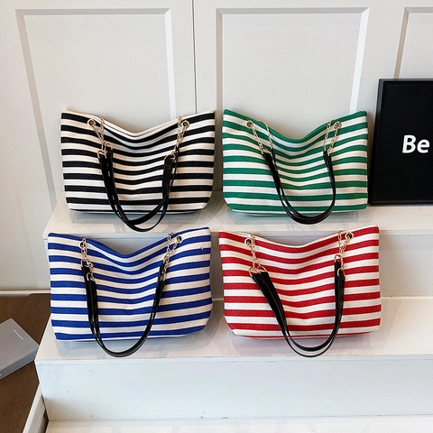 Bolso Tote de Lona a Rayas de Gran Capacidad para Mujer Con Cadena Dorada Correa de Cuero PU Bolso de Hombro de Color de Contraste Para Viajes Diarios
