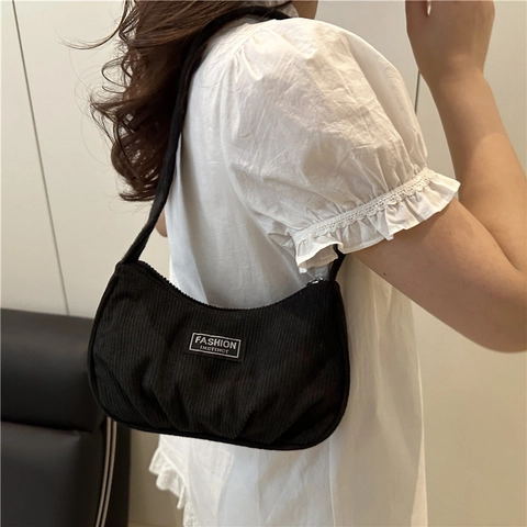 Corduroy Underarm Bag Solid Color Half Moon Hobo Shoulder Bag Casual Fashion For Women