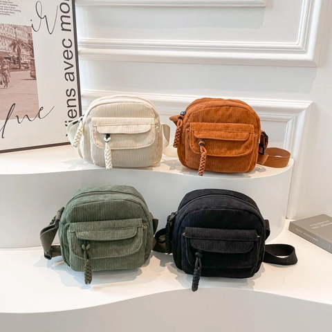 Vintage Corduroy Shoulder Bag For Women Fashion Small Square Crossbody Bag With Woven Zipper Pull Casual Daily Street Satchel