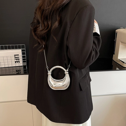 Damen Mini Halbmond Metallische Spiegel Handtasche Acryl Umhängetasche Mit Goldkette Rundem Griff Elegante Party Geldbörse