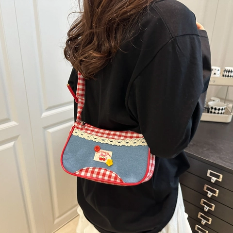 Borsa A Tracolla Dolce In Denim E Quadri Da Donna Con Pizzo Patch Ciliegia Bottone Floreale Borsa A Spalla Retrò
