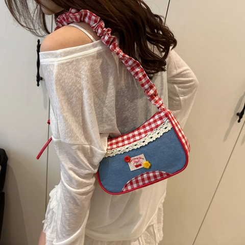 Borsa A Spalla Dolce In Denim Gingham Patch Ciliegia Pizzo Volant Borsa Sottobraccio Per Donne Ragazze Retro