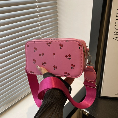 Women's Korean Style Urban Minimalist PU Leather Cherry Print Shoulder Bag Trendy Small Square Crossbody Bag With Wide Strap
