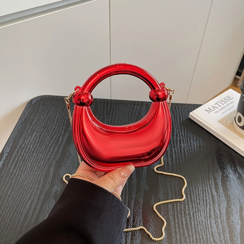 Damen Mini Halbmond Metallische Spiegel Handtasche Acryl Umhängetasche Mit Goldkette Rundem Griff Elegante Party Geldbörse