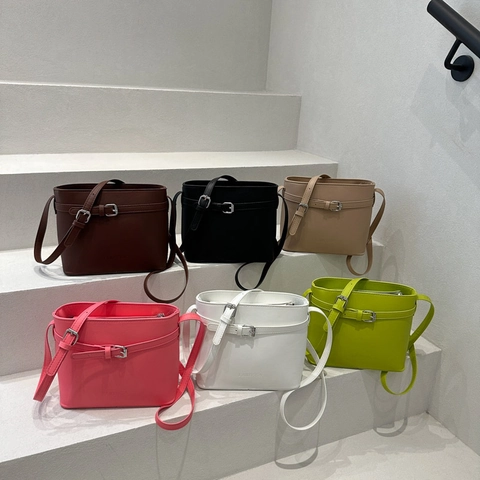 Damen Minimalistische PU Leder Eimertasche Mode Einfarbig Umhängetasche Mit Gürtelschnalle Dekor Reißverschluss Tasche