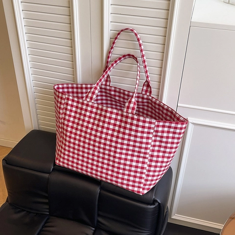 Checkered Canvas Tote Bag Large Capacity Gingham Shoulder Handbag For Women Casual Shopping Travel Lazy Style