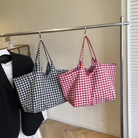 Borsa Tote in Tela a Grande Capacità per Donna Borsa a Tracolla a Quadretti Retro Minimalista Casual Pendolare Borsa da Spiaggia
