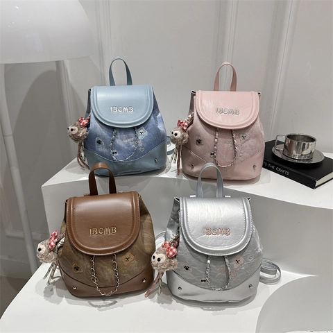 Fashion Casual Polyurethane Denim Patchwork Mini Backpack Embroidered Bear Letters Chain Decor Small Rucksack For Women Daily Matching