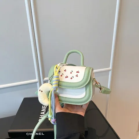 Cute Cherry Embroidered Mini Crossbody Bag For Little Girls Kids PU Leather Small Square Handbag With Moon Pendant Sweet Fashion Bag