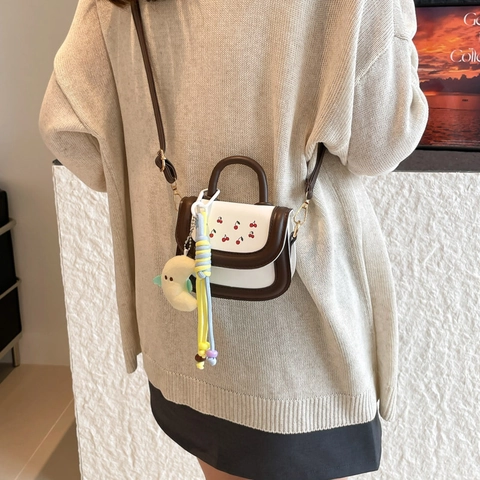 Cute Mini Square Bag PU Leather Cherry Pattern Contrast Color Crossbody Handbag Fashion Shoulder Bag For Kids Girls