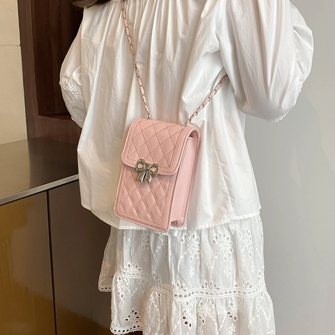 Borsa per Cellulare da Donna in Pelle PU con Rombi Trapuntati e Fibbia a Fiocco in Metallo e Tracolla a Catena Mini Borsa a Tracolla