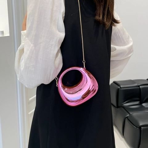 Bolso Bandolera de Mujer Metálico Espejo Mini Bolso de Cadena Asa Calada Bolso de Noche Bolso para Lápiz Labial