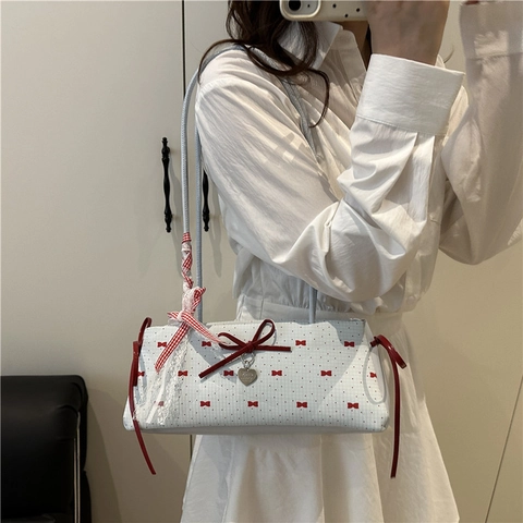 Borsa a Tracolla da Donna Con Fiocco Rosso in Pelle PU Balletcore Pois Ciondolo a Cuore Vintage Girly Borsa a Mano