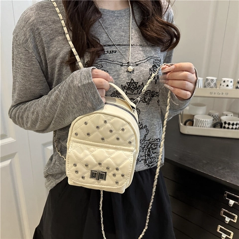 Women Mini Backpack Diamond Quilted PU Leather Crossbody Bag With Rhinestone Rivets Chain Strap Twist Lock Elegant Purse