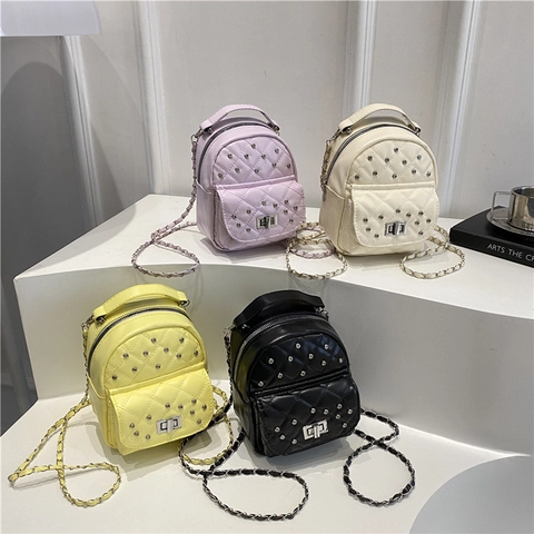 Mini Zainetto Trapuntato a Rombi per Donna Moda in Pelle PU Catena di Metallo Rivetti Strass Piccola Borsa a Tracolla Accessorio Quotidiano