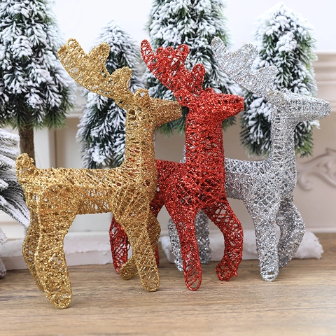 Christmas Reindeer Iron Art Glitter Desktop Ornament Standing Elk Holiday Home Decoration Shiny Metallic Finish