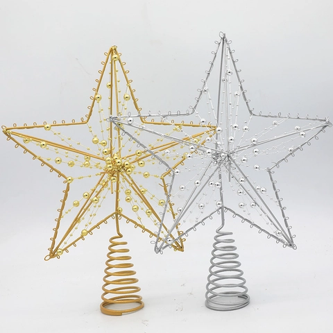 Iron Hollow Star Christmas Tree Topper With Bead Chain Decoration Gold Silver Five-Pointed Star Ornament For Holiday Home Decor