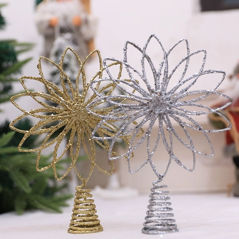 Glitter Iron Christmas Tree Topper Star Multi-Layered Flower Shape Gold Silver Metal Treetop Ornament For Xmas Party Decor