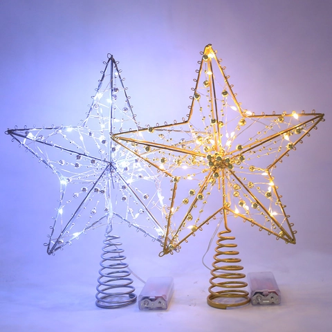 Eisen Metall LED Weihnachtsbaumspitze Stern Hohl Design Mit Kunststoffperlen Batteriebetrieben Festliches Ornament Für Party