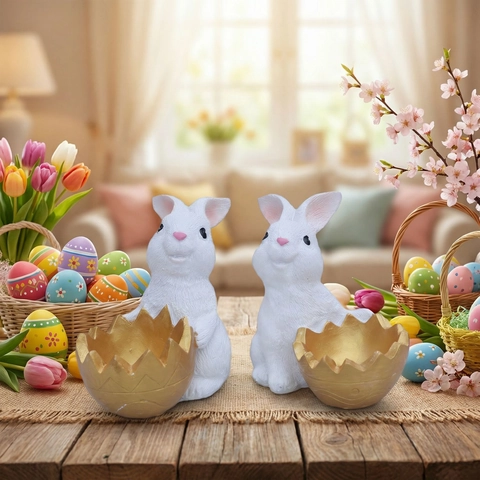 Figurines de Lapin de Pâques en Résine Blanc et Or Statues de Lapin Ornements Maison Festifs Décoration de Table Cadeaux