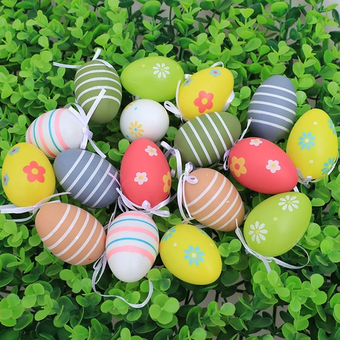 Uova di Pasqua in Plastica Ornamenti Appesi Motivo a Righe Floreali Uova Colorate Decorative Con Fiocco di Nastro per la Decorazione della Festa in Casa