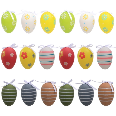 Uova di Pasqua in Plastica Ornamenti Appesi Motivo a Righe Floreali Uova Colorate Decorative Con Fiocco di Nastro per la Decorazione della Festa in Casa
