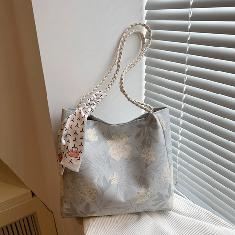 Sac Cabas en Toile Florale pour Femmes Nouveau Style Chinois Poignée Tressée Sac à Bandoulière Avec Écharpe Décorative Shopping