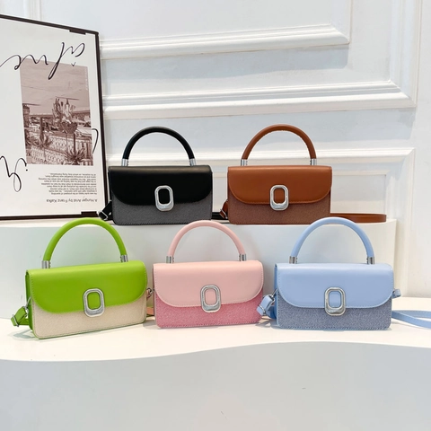 Damen Fashion Patchwork PU Leder Umhängetasche Retro Kleine Quadratische Handtasche Mit Metallschnalle Für Den Alltag
