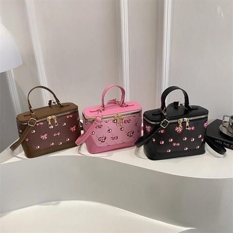 Retro Kirschdruck Damen PU Leder Eimertasche Schminkkoffer Handtasche Mit Griff Schultergurt Für Den Täglichen Gebrauch