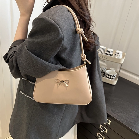 French Style Bow Underarm Bag For Women Vintage Simple PU Leather Shoulder Bag Casual Solid Color Fashion Large Handbag