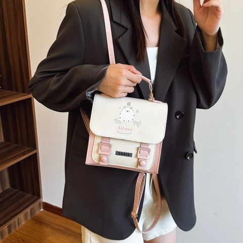 Süße Pink Weiße PU Leder Umhängetasche Cartoon Tierdruck Mini Rucksack Handtasche Verstellbare Träger Kawaii Mädchen Student