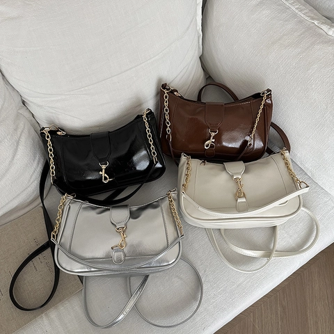 Vintage PU Leder Unterarmtasche Für Damen Minimalistische Hobo Schultertasche Mit Metallkettenriemen Stilvolle Quadratische Umhängetasche Retro Handtasche
