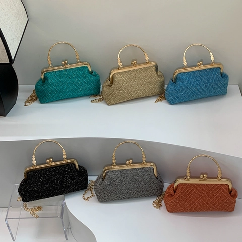 Vintage Gewebte Kissentasche Umhängetasche Für Damen Gold Metallgriff Kussverschluss Abend Clutch Mit Kette Party Handtasche