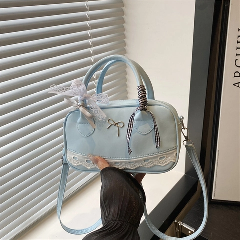 Mini Sac Boston Cuir PU Bordure Dentelle Décor Noeud Papillon Sac À Main Bandoulière Pour Femmes Style Mignon