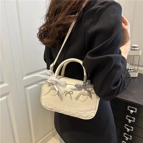 Mini Sac Boston Cuir PU Bordure Dentelle Décor Noeud Papillon Sac À Main Bandoulière Pour Femmes Style Mignon