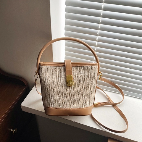 Damen Vintage Gewebte Stroh Eimertasche PU Leder Patchwork Umhängetasche Mit Metallschloss Verstellbarem Gurt Urlaub Handtasche